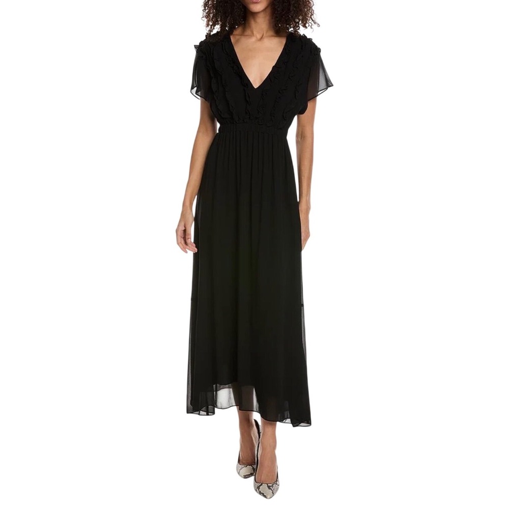 The Kooples Maxi Dress Black Ruffle V-Neck Smocked Waist Fr Size 1/US‎ 4